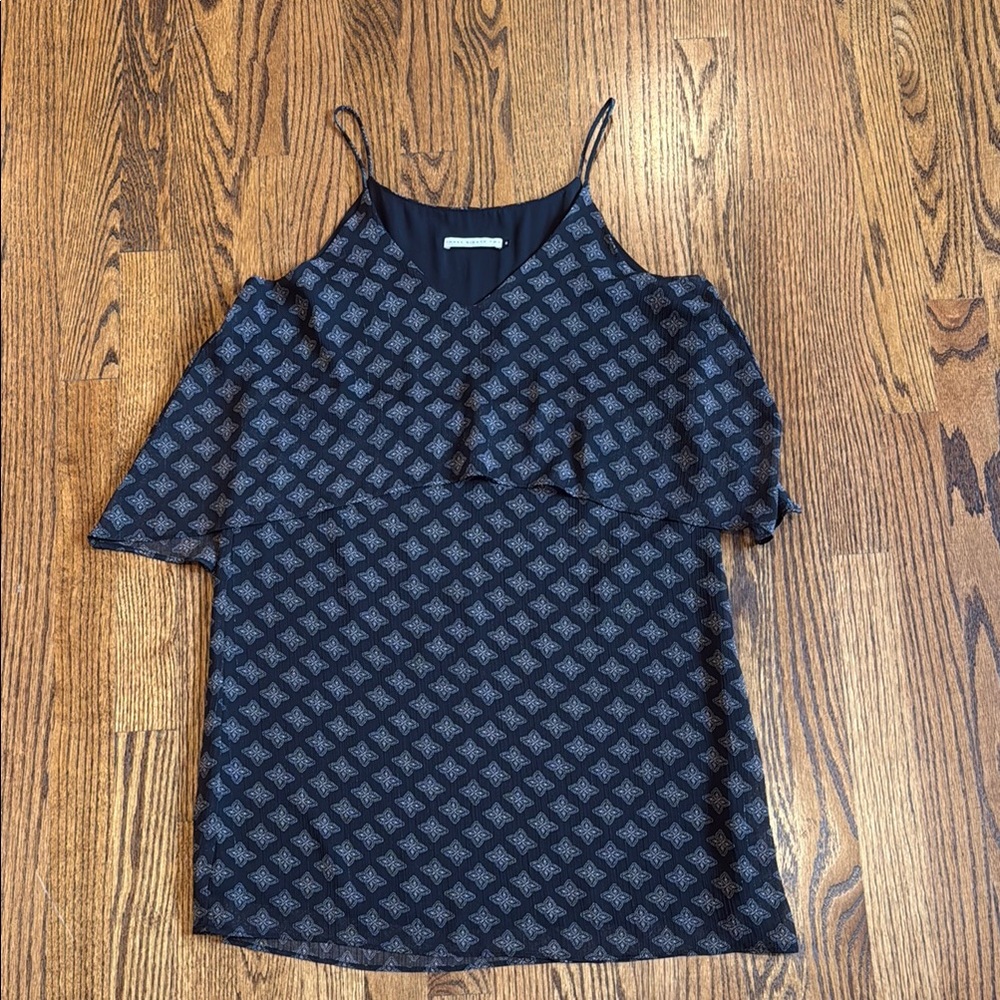 Anthropologie Three Eighty Two Black Shimmer Print Ruffle Slip Mini Dress S